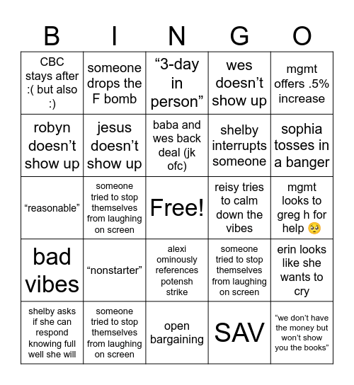 BxD Bargaining Bingo Card