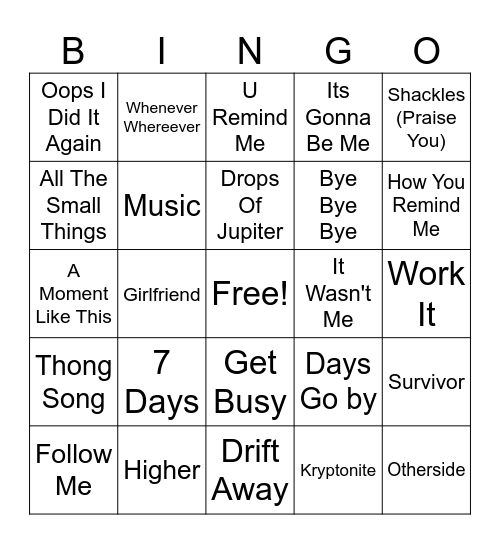 2000s Hits Bingo Card