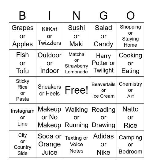 Lynn's Favorites (or not so favorite) Bingo Card