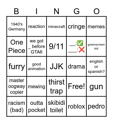 YT shorts bingo Card