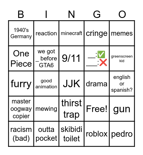 YT shorts bingo Card