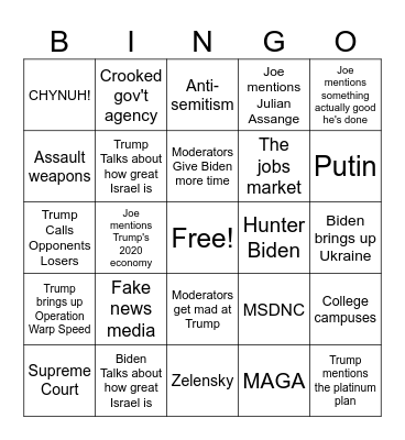 Presidential Debate Bingo Card