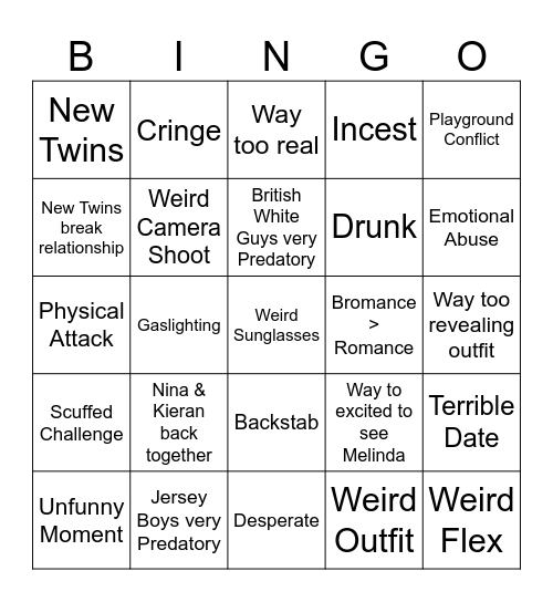 Dated and Related Bingo Card