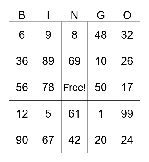Number Bingo Card