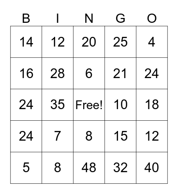 Number Bingo Card