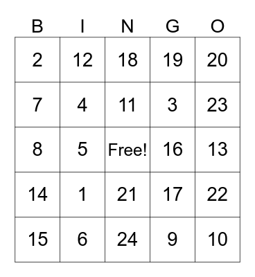 Number Bingo Card