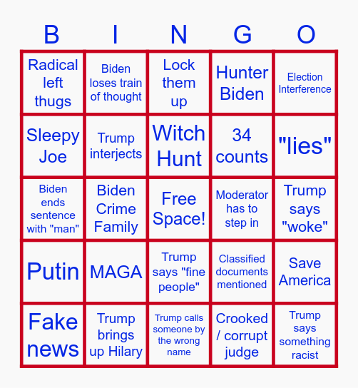 2024 Presidential Debate Bingo Card