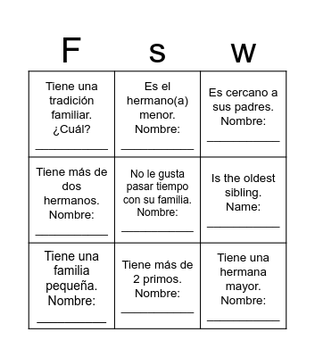 Familia: encuentra a alguien que Bingo Card