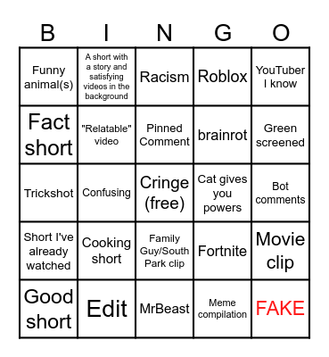 YouTube Shorts Bingo Card