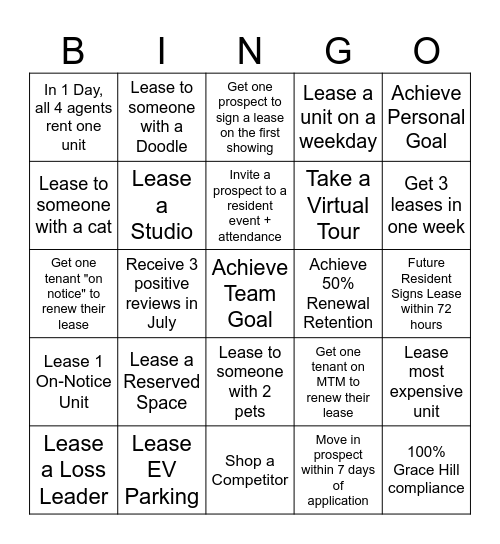 Leasing Agent Bingo Card