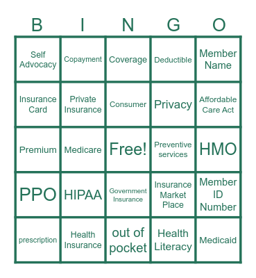 Health Insurance Bingo Card