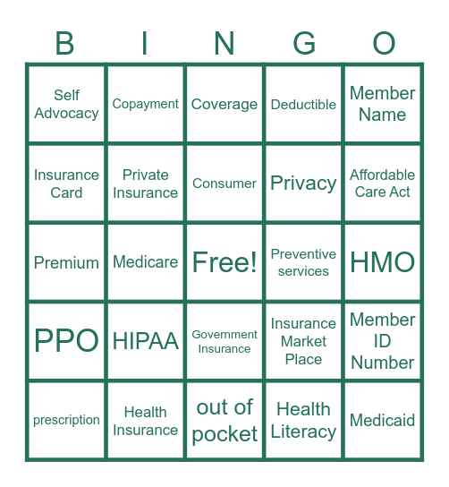 Health Insurance Bingo Card