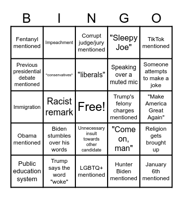 Presidential Debate Bingo Card