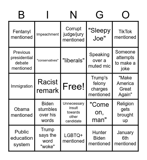 Presidential Debate Bingo Card