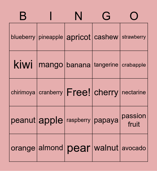 Fruits and Nuts Bingo Card