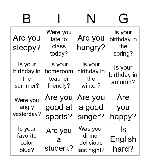 Be verb bingo Card