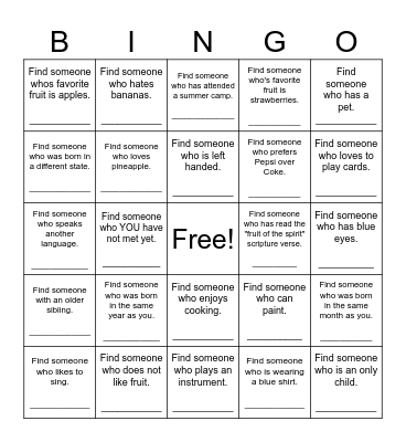 Find Someone Who - Fruit of the Spirit Bingo Card