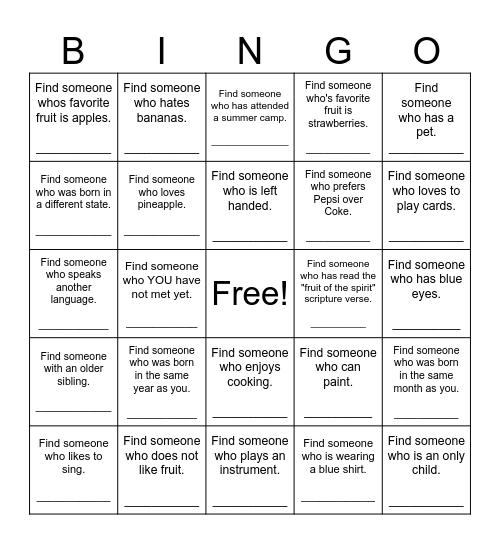 Find Someone Who - Fruit of the Spirit Bingo Card