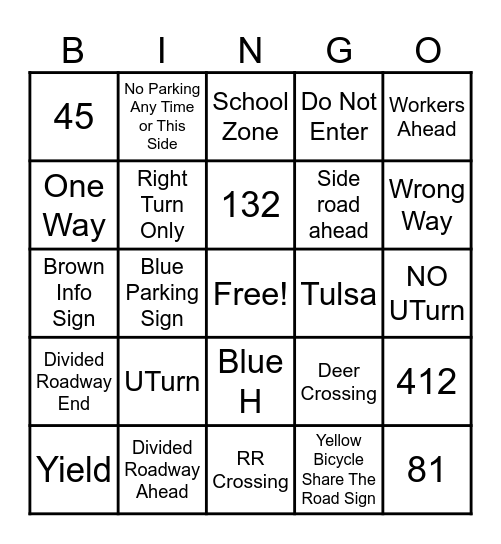 Traffic Bingo Card