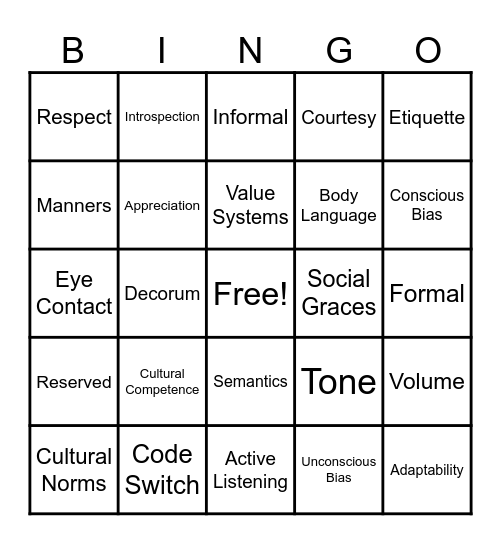 BoA Etiquette Bingo Card