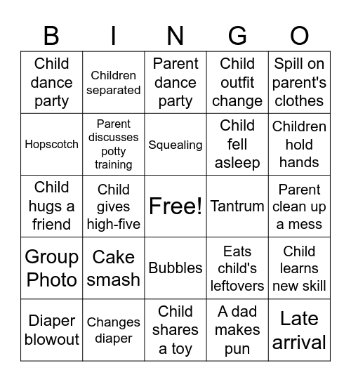 Toddler Party Bingo Card