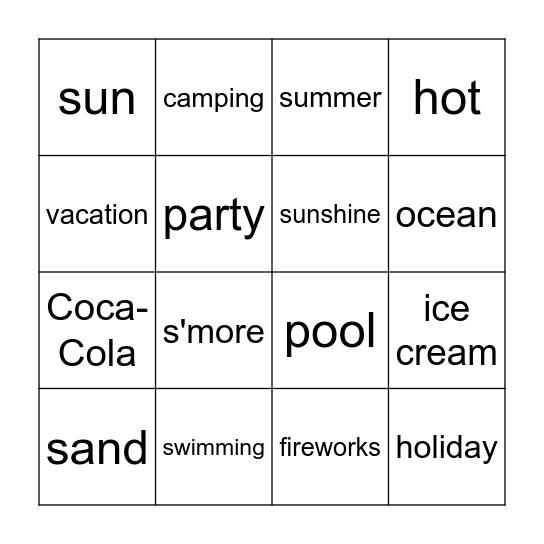 SUMMER VACATION Bingo Card