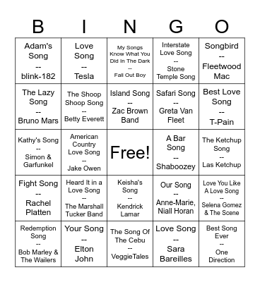 Song Song Bingo Card