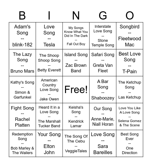 Song Song Bingo Card
