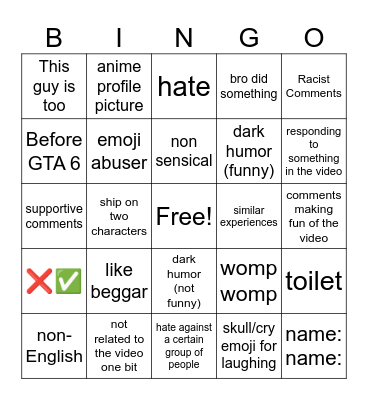 comments of yt shorts Bingo Card