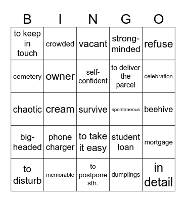 Vocabulary revision Bingo Card