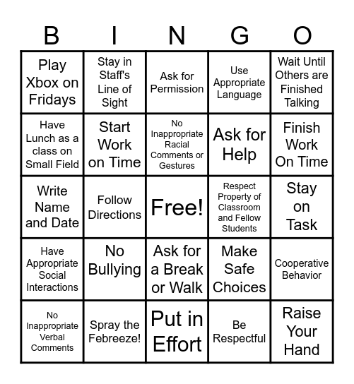 Classroom Expectation BINGO Card