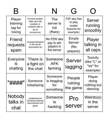 Players and server roblox bingo Card