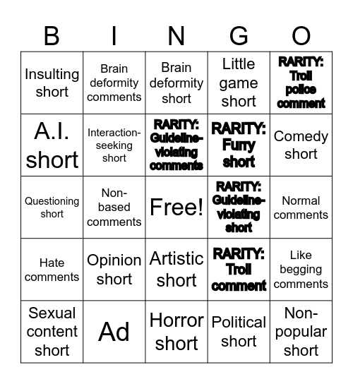 Youtube Shorts Bingo Card