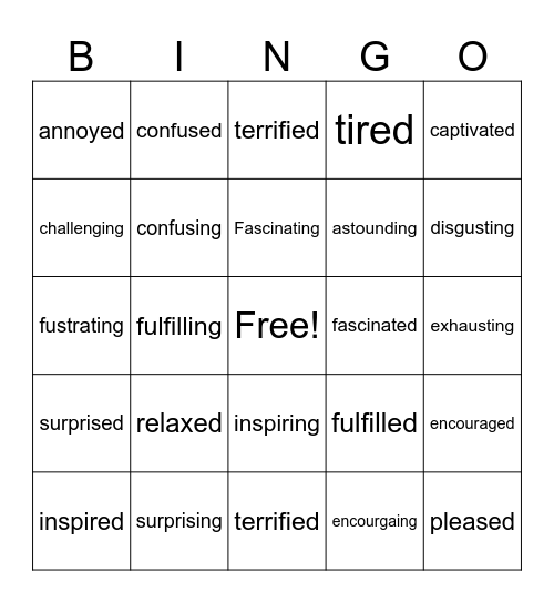 Adjectives with -ed and -ing Bingo Card