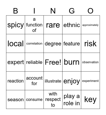 Vocabulary Bingo Card