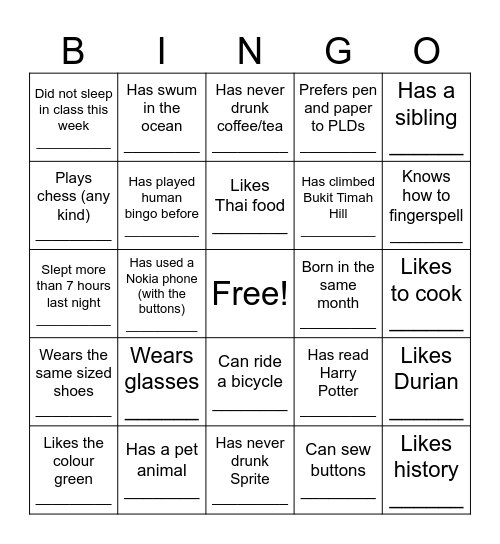 Class bingo Card