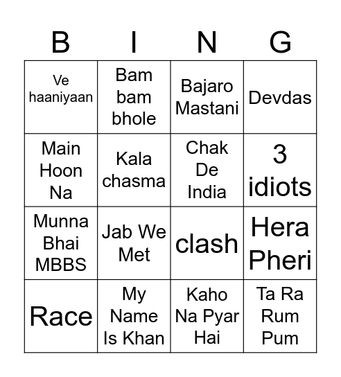 Bollywood Bingo Card