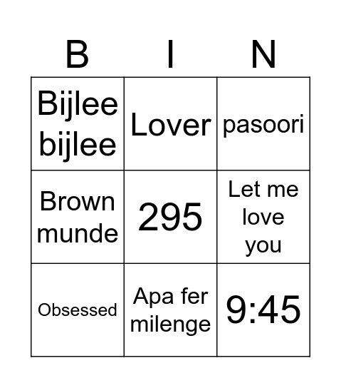 Bollywood Bingo Card