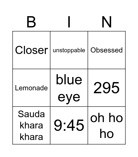 Bollywood Bingo Card