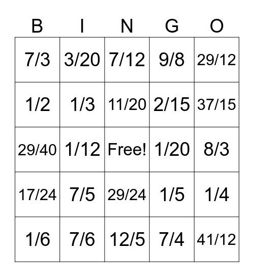 Subtracting fractions Bingo Card