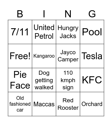 Aussie Road Trip Bingo Card