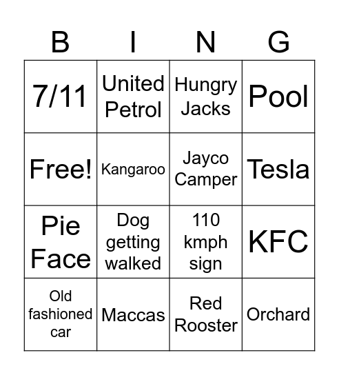 Aussie Road Trip Bingo Card