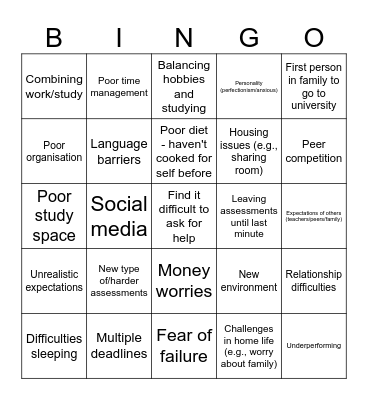 Academic Demands Bingo Card