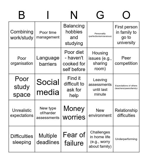 Academic Demands Bingo Card