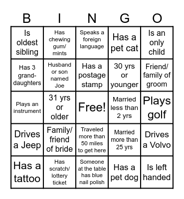 Bridal Shower Bingo Card