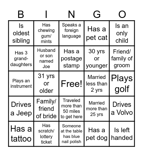 Bridal Shower Bingo Card