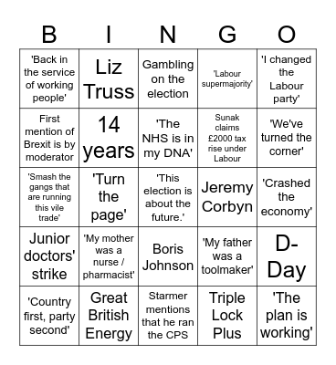 Sunak v. Starmer 26/06/2024 Bingo Card
