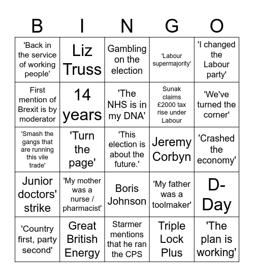 Sunak v. Starmer 26/06/2024 Bingo Card