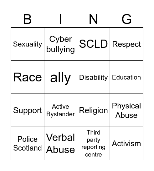 Hate Crime Bingo Card