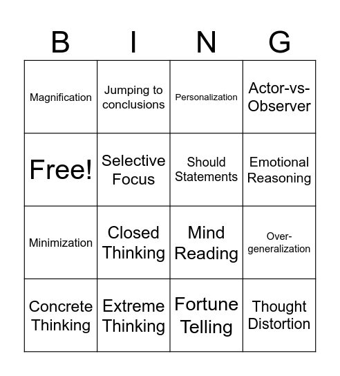 Thinking Distortions Bingo Card